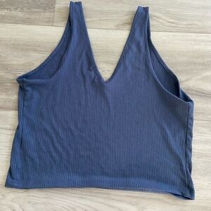Love Fire Blue Ribbed Crop Tank with V Neck